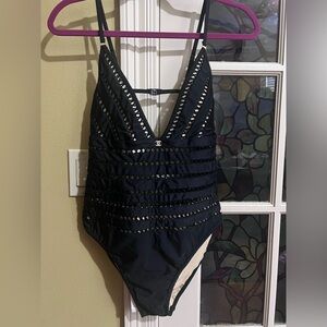 Black One Piece Swimsuit with Geometric Cutouts